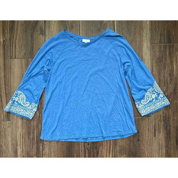 J. Jill Tops - J. Jill Blue Cotton Tencel Modal Embroidered Paisley 3/4 Sleeve Knit Top Small